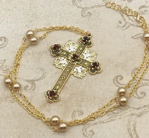Renaissance Cross Necklace Handmade Medieval Tudor Pearl Crystal Jewelry - Picture 1 of 6