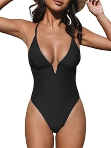 Women Swimsuit One Piece Bathing Suit Deep V Neck Crisscross Back Adjustable - Picture 1 of 2