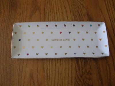 Pottery Barn Love is Love Rectangular Tray - Multicolored Hearts,Gold Trim - New - Image 1 of 3