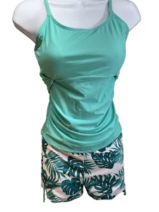 NWOT teal tankini top/tropical leaf print boy-short bottoms, 17-18 Y - Picture 1 of 10