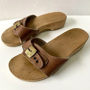 Scholl Vintage Wooden Sandals Women’s US Size 4-5 Brown Leather Gold 1960s USA - Picture 1 of 12
