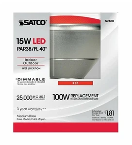 Satco S9480 15W Par38 LED Red 40' Beam Medium Base Light Bulb - Picture 1 of 4