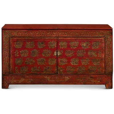 VENDEDOR DE EE. UU. - Gabinete chino con motivo de peonía de olmo rojo envejecido Foto 1 de 4