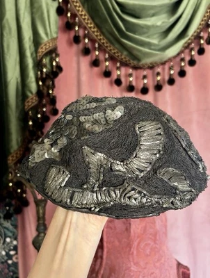 Original 1920s Vintage Sequins Embroidered Art Deco Flapper Skullcap Cloche Hat - Image 1 of 4