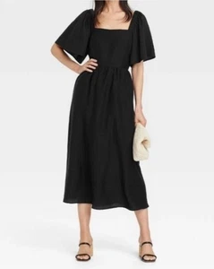 A New Day Flutter Sleeve Tie Back Square Neck Midi Dress Black Cottagecore M - Picture 1 of 8