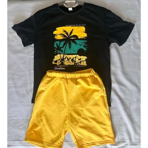SHEIN Boys Sunshine Black Shirt/Yellow Shorts 2-Piece Set - 13 - 14Y - Picture 1 of 9