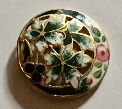 Antique French Champleve Enamel Button Green Floral Pierced Hand Painted Rose - Image 1 of 4