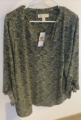 Michael Kors Paisley-Print Peasant Top Army Green 3/4 Sleeve Size 3X 🆕 NWT - Image 1 of 4