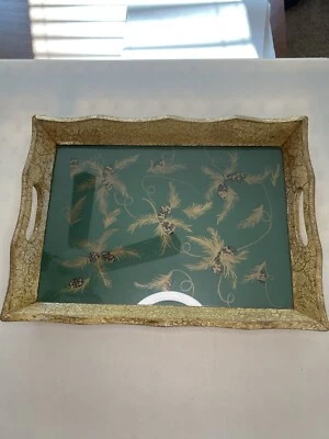 Florentine Glass Tray Golden Leaf Acorn Design Fall Winter Traditional Classic - Image 1 of 4