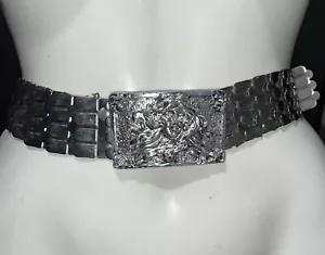 Vintage Silver Tone Fish Scale Stretch Womans Figure Hook Buckle Elastic Belt - Picture 1 of 4