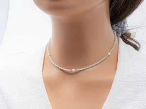 Dainty Blue Aquamarine & Pearl Faceted Round Beaded Women Choker Necklaces 18'' - Picture 1 of 11