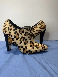 IMAN Women's 7.5 Wide Leopard Print Calf Hair Leather Side Zip High Heel Booties - Picture 1 of 3