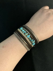 Layered Leather Boho Faux Turquoise Wrap Magnetic Clasp Bracelet  - Picture 1 of 6