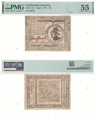 May 9, 1776 Three Dollars Continental Currency Fr CC-33 PMG AU-55 - Image 1 of 3