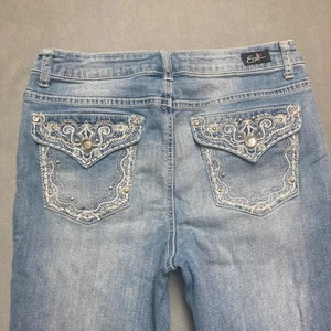 Earl Jeans Womens 8 Blue Mid Rise Straight Stretch Denim Rhinestone Embellished - Picture 1 of 12