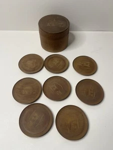 round wooden box of 8 wood coasters W/ landscape picture Coaster Size 3” - Picture 1 of 10
