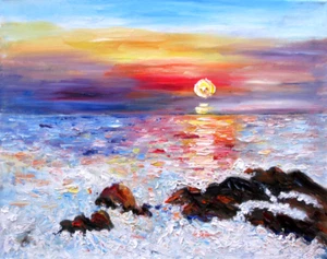 Original Oil Painting Sunset Sea One of a Kind 16x20" Julia Lu - Picture 1 of 5