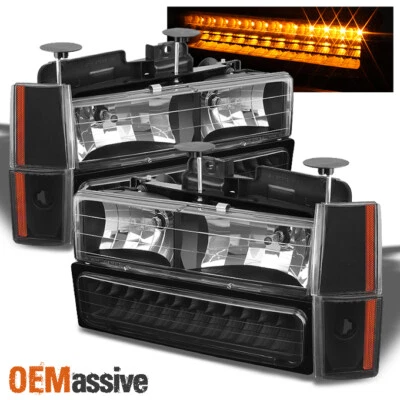 Fit 88-93 C/K 1500/2500/3500 Suburban Sierra Yukon Black Headlights + LED Bumper - Image 1 of 4