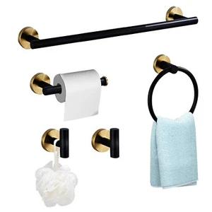 Stainless Steel 5-Piece Bathroom Hardware Set Black and Gold, Towel Rack Set New - Picture 1 of 12