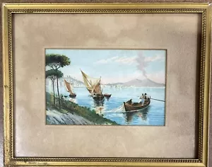 ANTIQUE ITALIAN MARINE LANDSCAPE WITH FISHERMEN AND BOATS Print Art - Picture 1 of 3