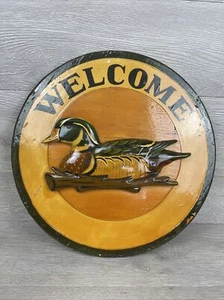 Vintage 3D Carved WELCOME Sign DUCK Circular Round Wooden 13.5” - Picture 1 of 8