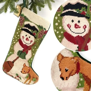 2006 Wool Needlepoint Snowman Stocking Deer Xmas Union Trading Co Velvet 7x20 - Picture 1 of 10