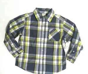 Faded Glory Boys Woven Plaid LS Button up Shirt NWT Size 4/5,8,10-12 Gray/Yellow - Picture 1 of 4