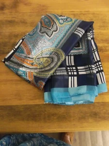 MULTI BLUES, ORANGE & YELLOW SQUARES SILK SCARF - Picture 1 of 1