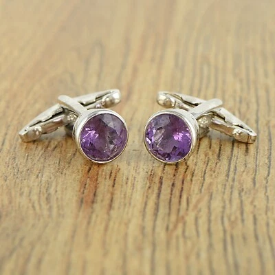 天然紫色紫水晶宝石男式袖扣纯银礼物送给爸爸 — 第 1/3 张图片