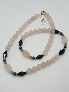 Vintage NOS RO-DO Saks Gemstone Necklace Rose Quartz Hematite Gold Fill Beads - Picture 1 of 7