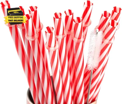 12 peças de canudos de plástico reutilizáveis de Natal canudos listrados vermelhos e brancos com limpeza - Imagem 1 de 4
