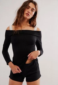 NWT Free People Claudia Twofer Off Shoulder Top Black Combo Lace Satin M $58.00 - Picture 1 of 11