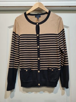 Cárdigan náutico Lands' End para mujer talla mediana a rayas botones de anclaje azul marino/bronceado Foto 1 de 4