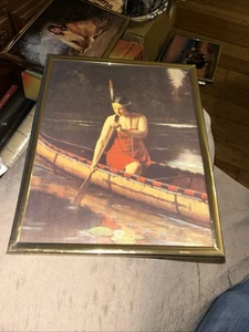 Mujeres nativas americanas vintage con estampado de canoa de 10" X 8,5" enmarcado - Imagen 1 de 2