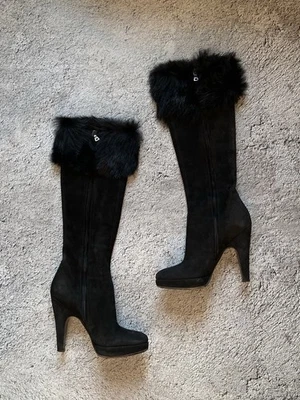 Prada Milano Suede Fur Trim Mid Calf Heel Zipper Boots Luxury Women’s UK 4 EU 37 - Image 1 of 4