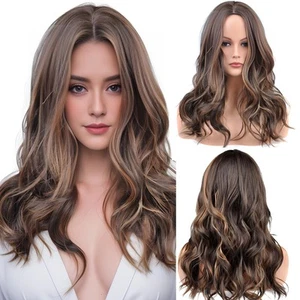 Brown Mixed Ash Blonde Long Wigs for Women,20inch Wave Curly Middle Part Synt... - Picture 1 of 8