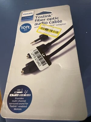Cable de fibra óptica digital Toslink Philips 10' con mini adaptador - negro - nuevo Foto 1 de 3
