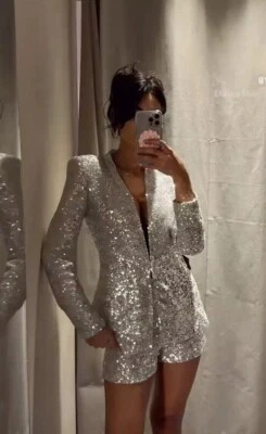 Zara Silver Sequin Blazer Jacket Size XL  Ref 7825 816 - Image 1 of 4