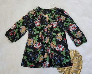 NEW Twentyone Women's Black Green Red Floral Woven Top Long Sleeve Blouse Size M - Picture 1 of 8