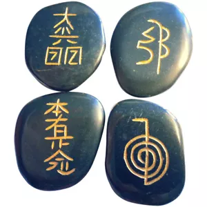 4 Black Agate Fidget Thumb Stones with Usui Reiki Symbols - Picture 1 of 3