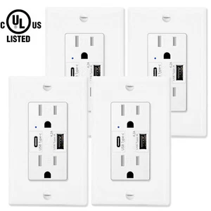 4 Pack Type C USB Charger Outlet 15A Wall Duplex Receptacle w/ Wall Plate White - Picture 1 of 12