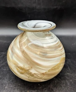 Vintage Patricia Yockey Studio Kunst Glas weiß Wirbel Gold Geschmack Vase 5" signiert - Bild 1 von 10