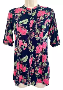 UTSA Women’s Sz Sm Navy Blue Pink Floral Top Short Sleeve Artsy Fairy Tropical - Picture 1 of 9
