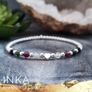 Inka 925 Sterling Silver & Tourmaline Stacking Bracelet with Heart bead charm - Picture 1 of 4