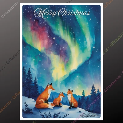 E TAYLOR ART Personalised Christmas Card Plantable Northern Lights Fox Aurora Borealis Fox