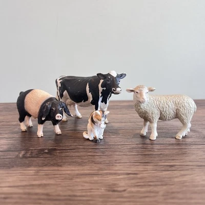 Schleich Farmyard Animal Figures x4 Cow Pig Sheep Cat Collectible Toy Bundle - Image 1 of 4