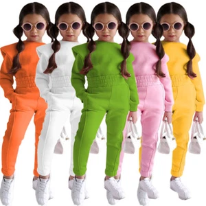 Pure Color Girls Sport Suit Long Sleeve Top Pants Casual Clothes Set 1-7 Years - Picture 1 of 30