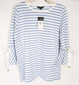 NWT L. Ralph Lauren Women Nautical Preppy Blue White Stripe Bell Slv Bow Top 1X - Picture 1 of 14