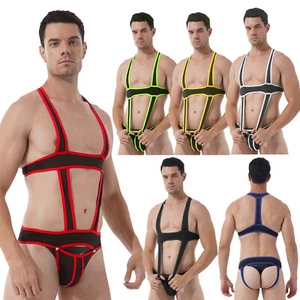 Men Elastic Body Chest Harness Lingerie Bulge Pouch Jock Strap Bodysuit Jumpsuit - Picture 1 of 61