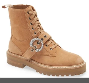 Jimmy Choo Women's Cora Crystal Suede Combat Ankle Boots Caramel Size 40 / US 10 - Picture 1 of 4